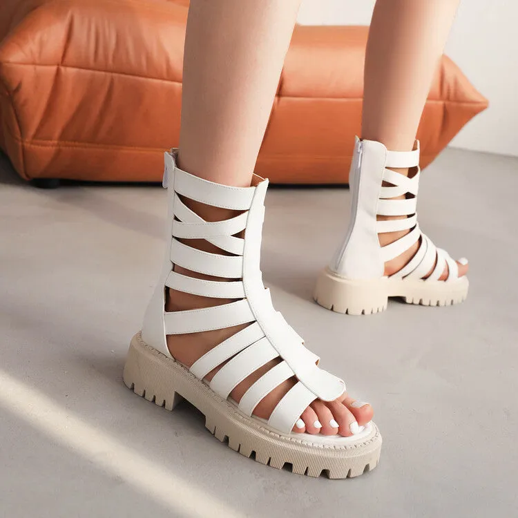 Sezane Sandals Women's Solid Color Hollow Out Low Block Heels Gladiator Sandals