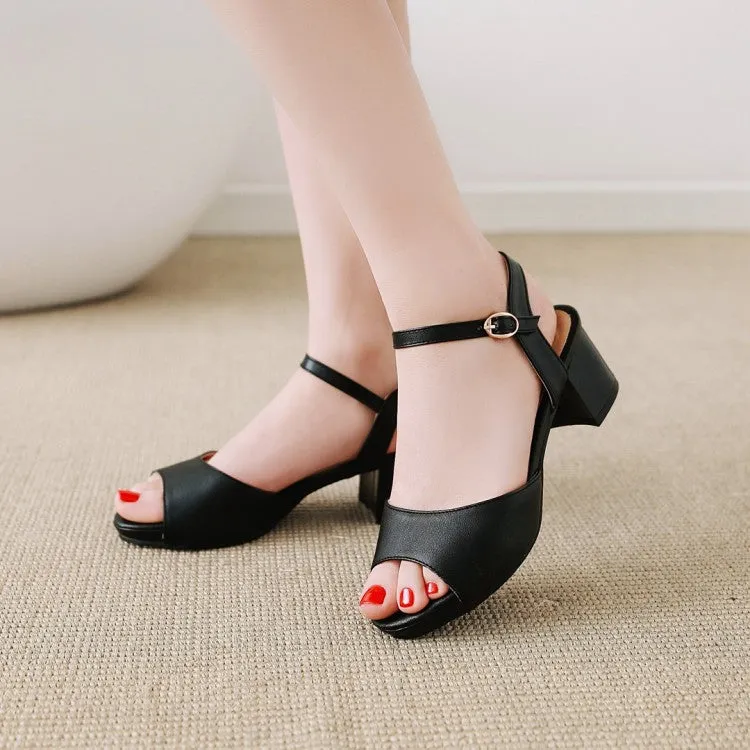 Women's Solid Color Peep Toe Ankle Strap Block Heel Sandals Qupid Sandals