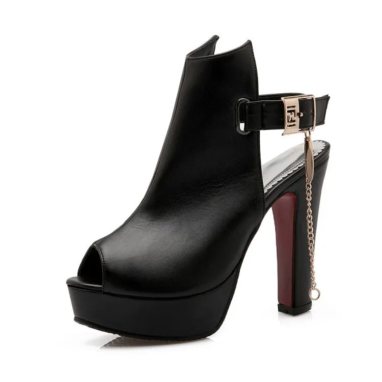 Sandals Lyrics Women's Solid Color Peep Toe Metal Chains Platform Chunky Heel Sandals