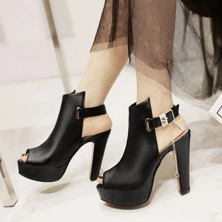 Women's Solid Color Peep Toe Metal Chains Platform Chunky Heel Sandals Evil Eye Sandals