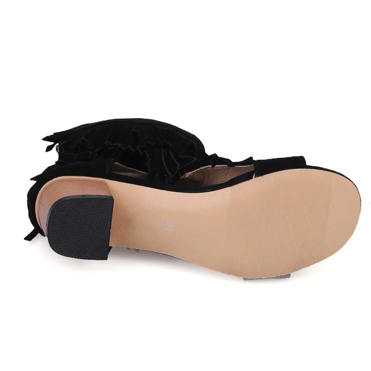 Women's Solid Color Suede Tassel Round Toe Hollow Out Block Heel Sandals Givenchy Marshmallow Sandals