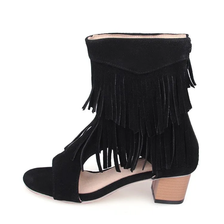 Women's Solid Color Suede Tassel Round Toe Hollow Out Block Heel Sandals Sandals Church Redlands
