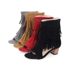 Women's Solid Color Suede Tassel Round Toe Hollow Out Block Heel Sandals Good Beach Sandals