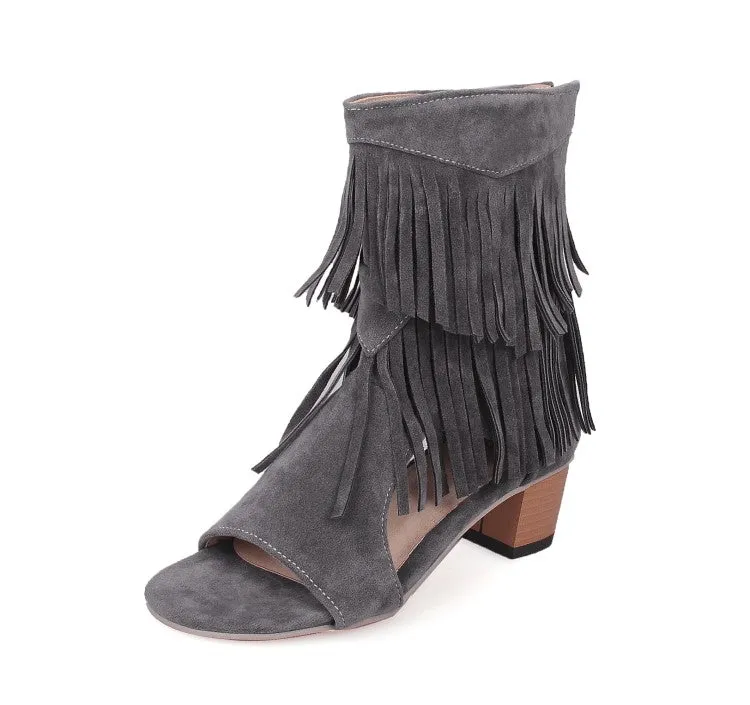 Women's Solid Color Suede Tassel Round Toe Hollow Out Block Heel Sandals Negril Restaurants