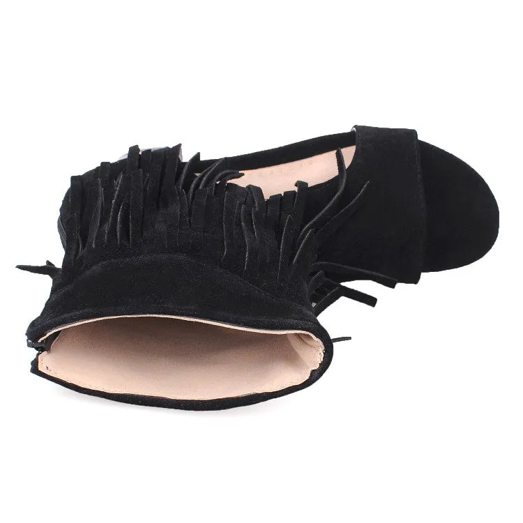Sandals With Buckles Women's Solid Color Suede Tassel Round Toe Hollow Out Block Heel Sandals