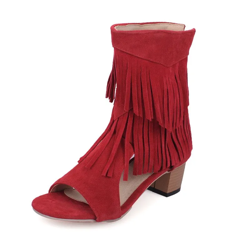 Women's Solid Color Suede Tassel Round Toe Hollow Out Block Heel Sandals Italia
