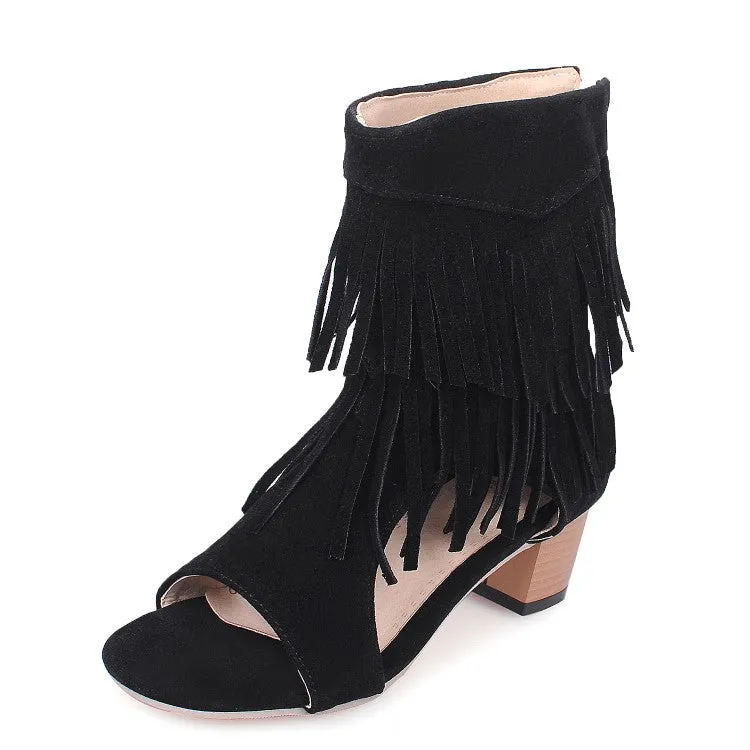Freedom Moses Sandals Women's Solid Color Suede Tassel Round Toe Hollow Out Block Heel Sandals