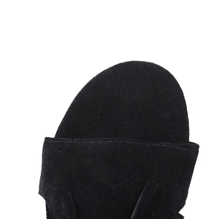 Lace Up Wedge Sandals Women's Solid Color Suede Tassel Round Toe Hollow Out Block Heel Sandals