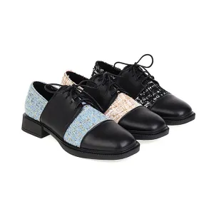 Sparkly Oxfords Women's Square Toe Lattice Lace-Up Oxford Shoes