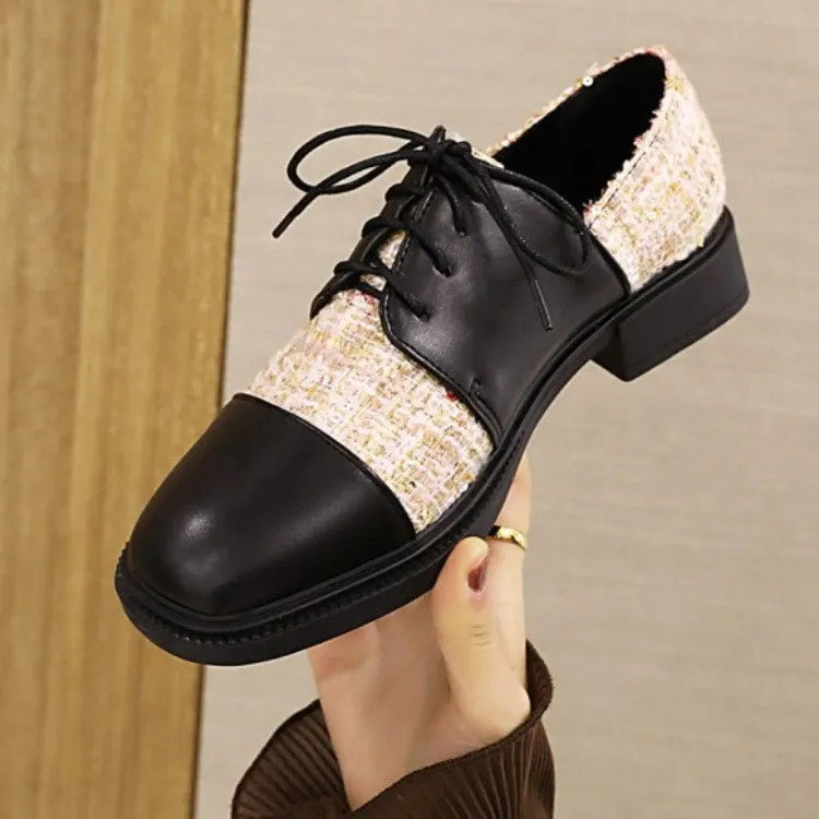 Women's Square Toe Lattice Lace-Up Oxford Shoes Glitter Oxfords