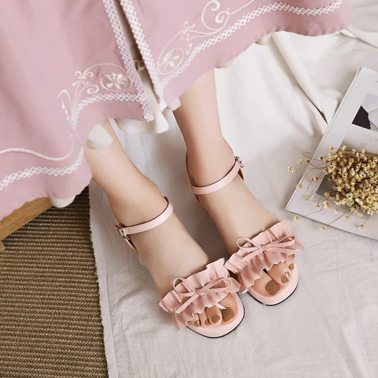 Women's Square Toe Pleated Butterfly Knot Ankle Strap Low Block Heels Platform Sandals Helen Sandals