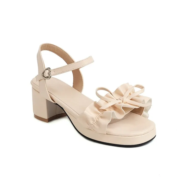 Girl Sandals Women's Square Toe Pleated Butterfly Knot Ankle Strap Low Block Heels Platform Sandals