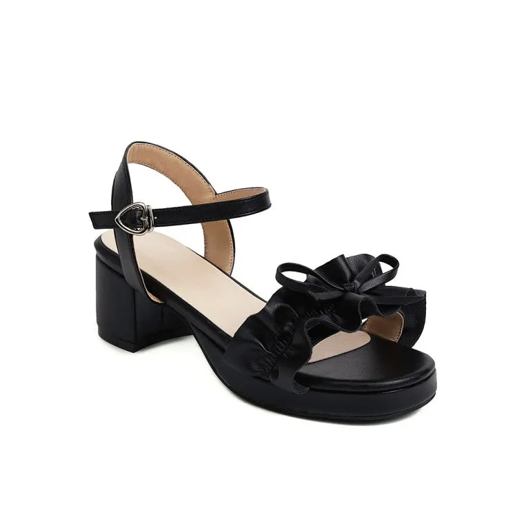 Sandals Low Heel Women's Square Toe Pleated Butterfly Knot Ankle Strap Low Block Heels Platform Sandals