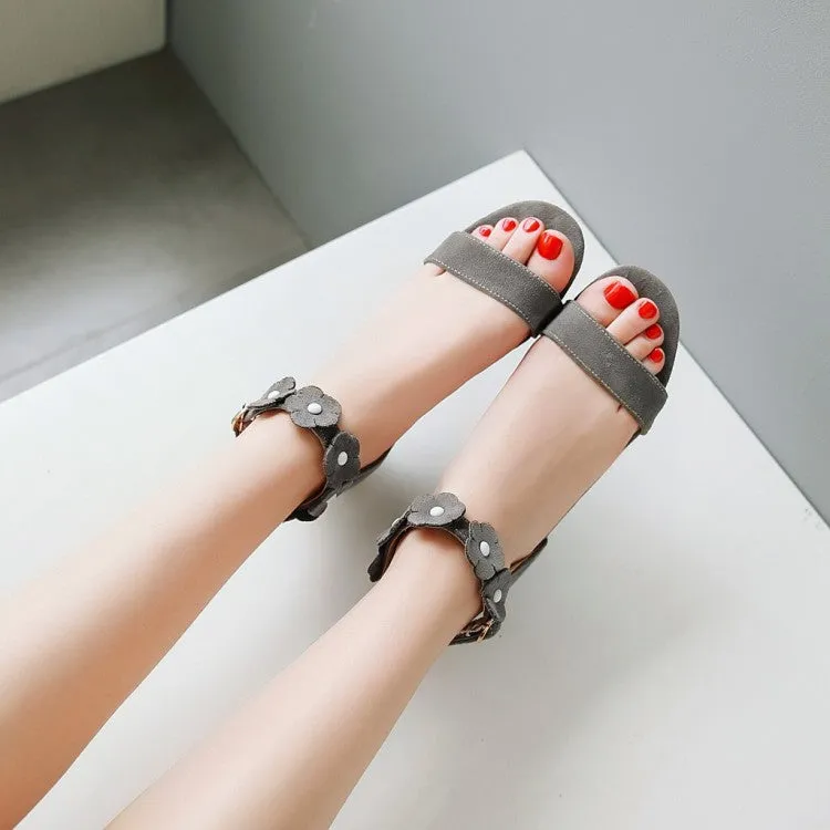 Women's Suede Solid Color Hollow Out Flora Ankle Strap Block Heel Low Heels Sandals Buckle For Sandals