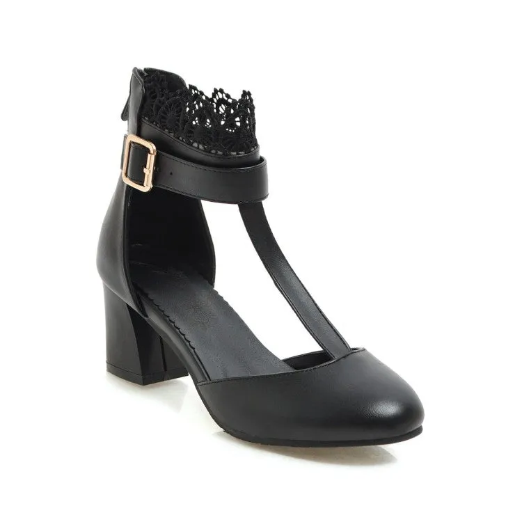 Women's T Strap Lace Ankle Wrap Buckle High Heels Block Heel Sandals Slip-on Sandals