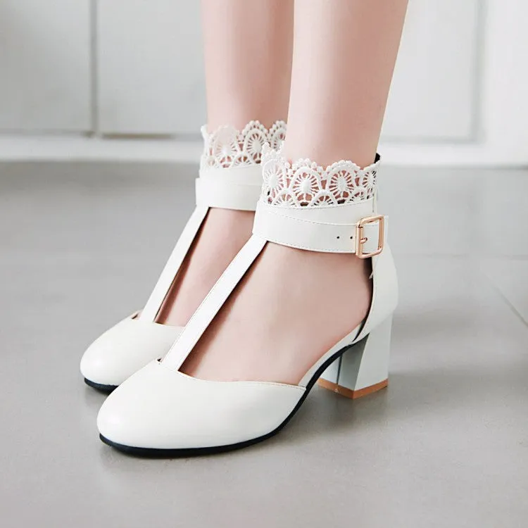 Women's T Strap Lace Ankle Wrap Buckle High Heels Block Heel Sandals Strappy Sandals Low Heel