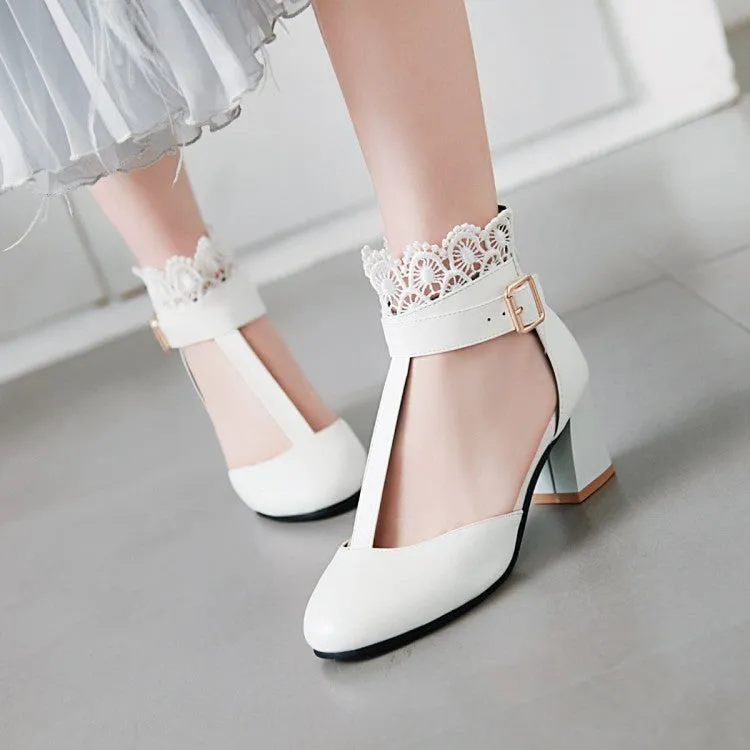 Kira Sandals Women's T Strap Lace Ankle Wrap Buckle High Heels Block Heel Sandals