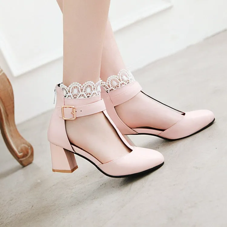 Sandals Bow Women's T Strap Lace Ankle Wrap Buckle High Heels Block Heel Sandals