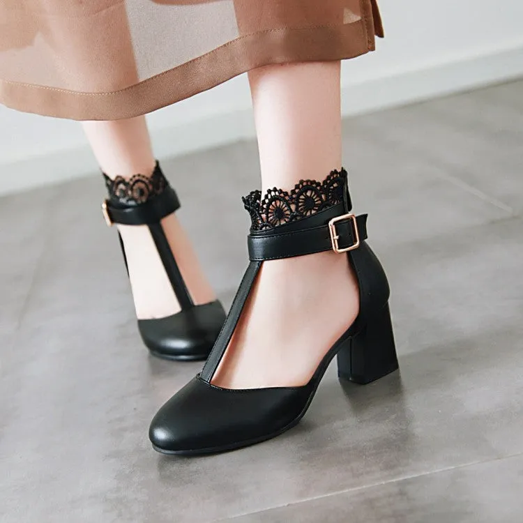 Women's T Strap Lace Ankle Wrap Buckle High Heels Block Heel Sandals Platform Wedge Sandals