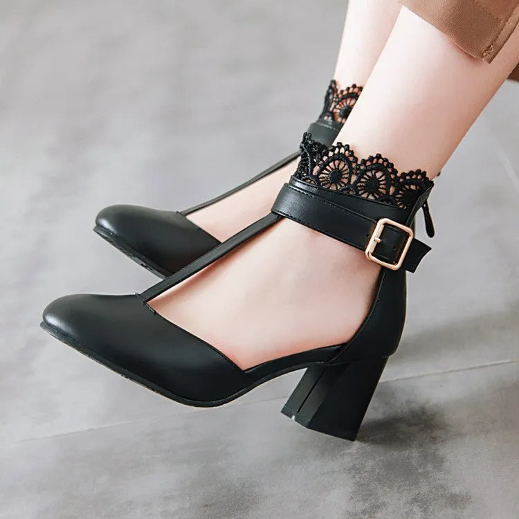 Women's T Strap Lace Ankle Wrap Buckle High Heels Block Heel Sandals Width Wide Sandals