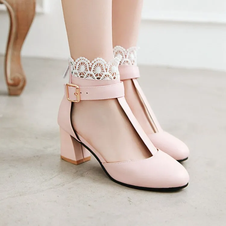 Women's T Strap Lace Ankle Wrap Buckle High Heels Block Heel Sandals Handcrafted Sandals